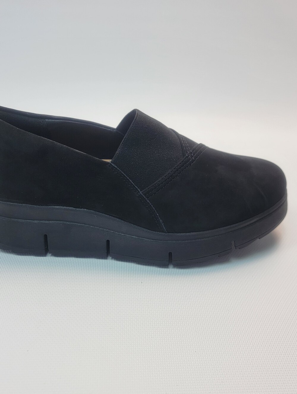 Clarks Loriini West Black Nubuck Leather Platform Wedge Loafers SlipOn Women 7½M